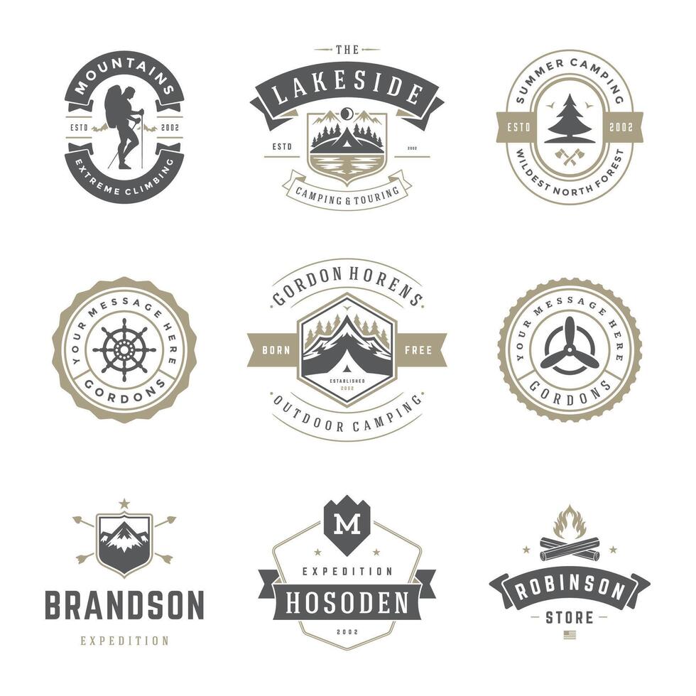 Camping logos templates design elements and silhouettes set vector