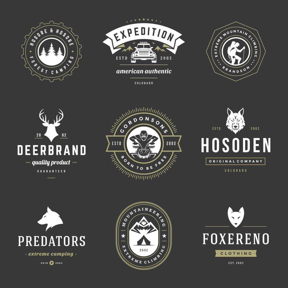 Camping logos templates design elements and silhouettes set vector