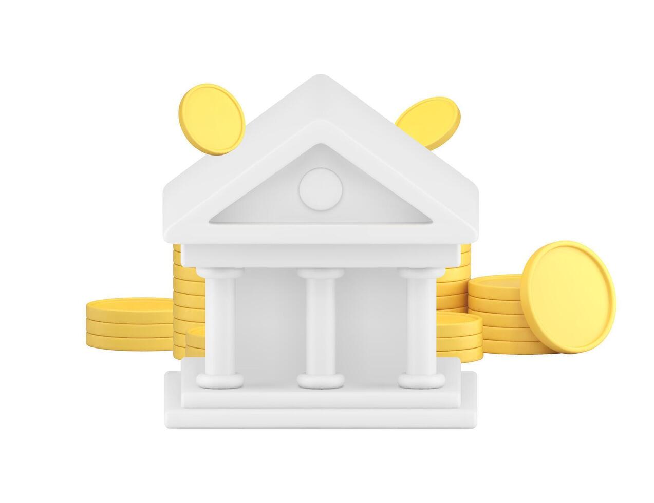 Bank building with retro column and golden cash coin money 3d icon realistic illustration vector