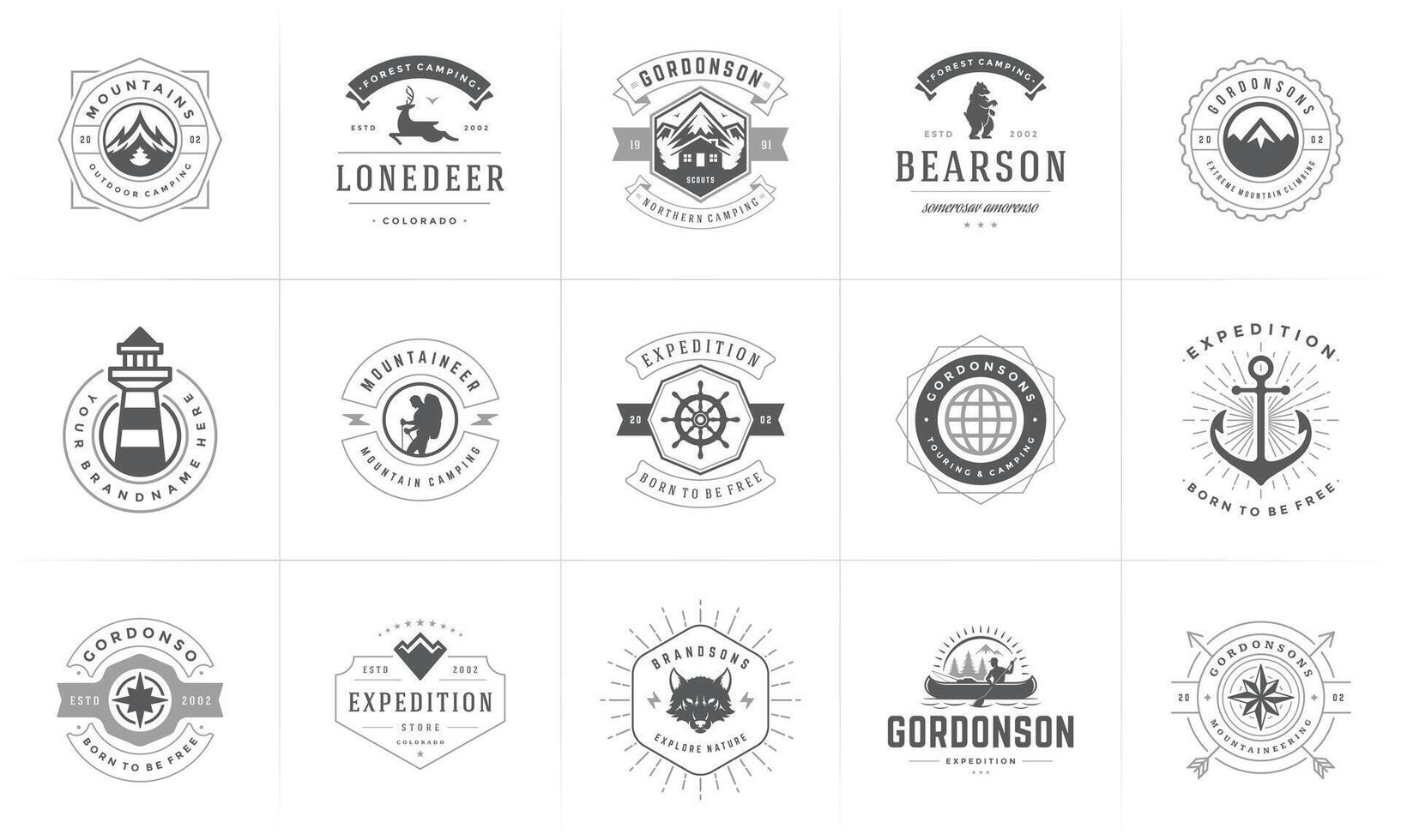 Camping logos and badges templates design elements and silhouettes set vector