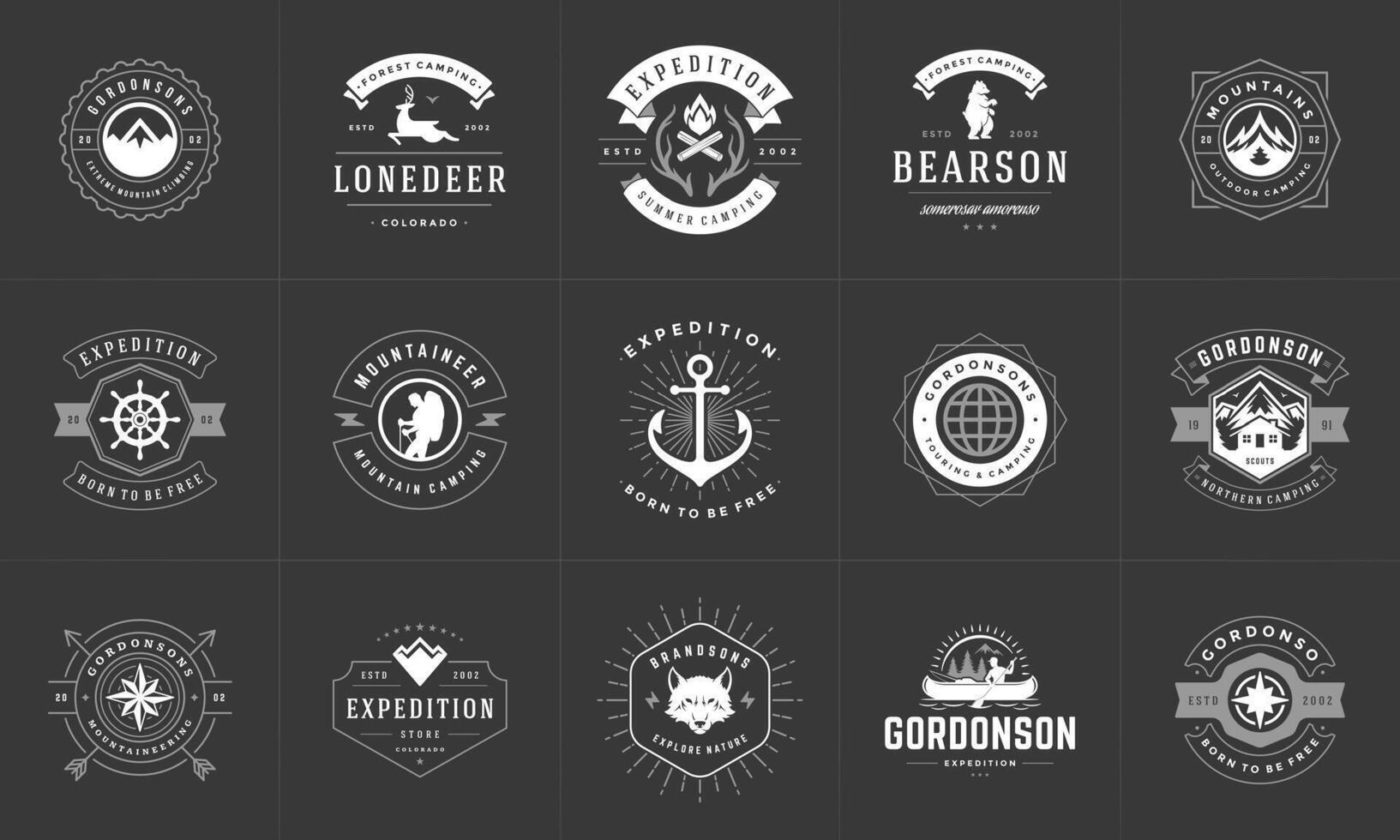 Camping logos and badges templates design elements and silhouettes set vector