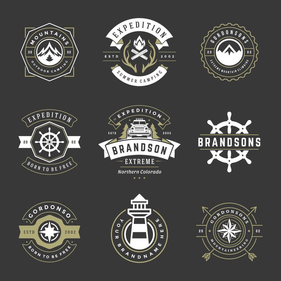 Camping logos templates design elements and silhouettes set vector
