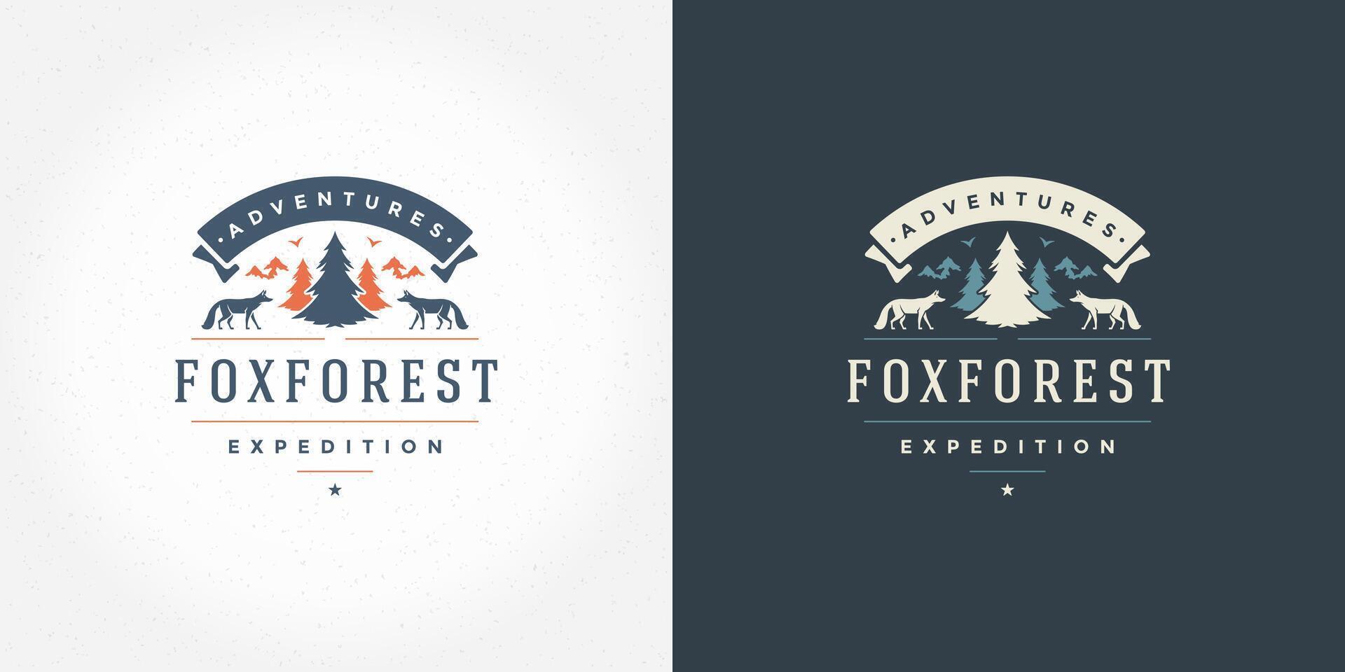 Forest camping logo emblem outdoor adventure illustration pine tree silhouette for shirt or print stamp vector