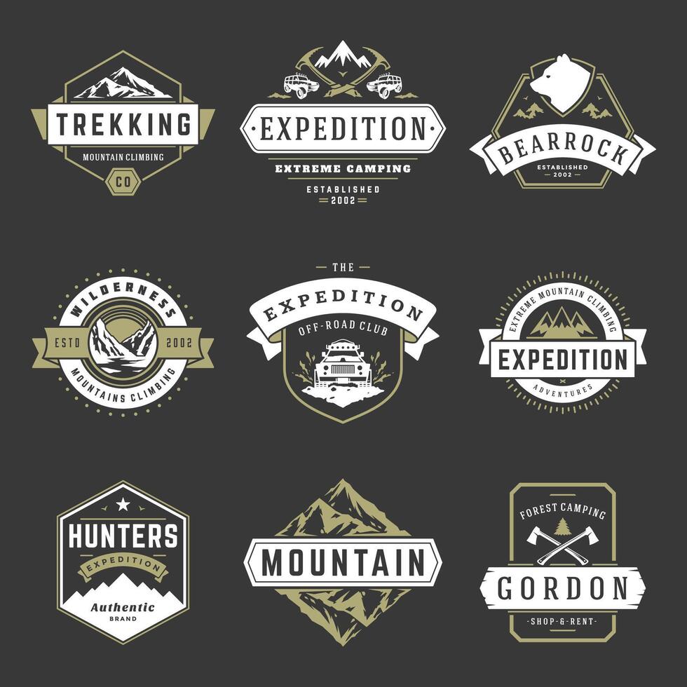 Camping logos design templates elements and silhouettes set vector