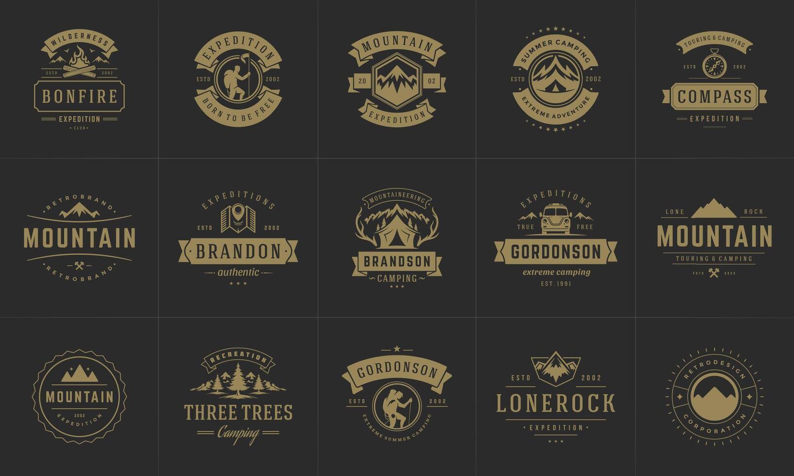 Camping logos and badges templates design elements and silhouettes set vector