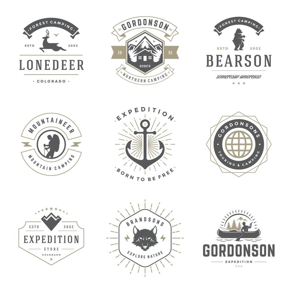 Camping logos templates design elements and silhouettes set vector