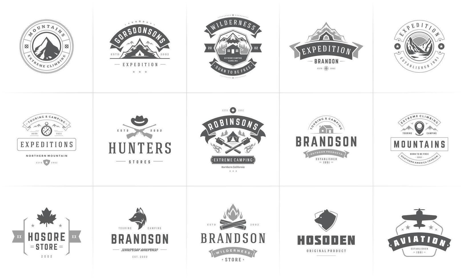 Camping logos and badges templates design elements and silhouettes set vector