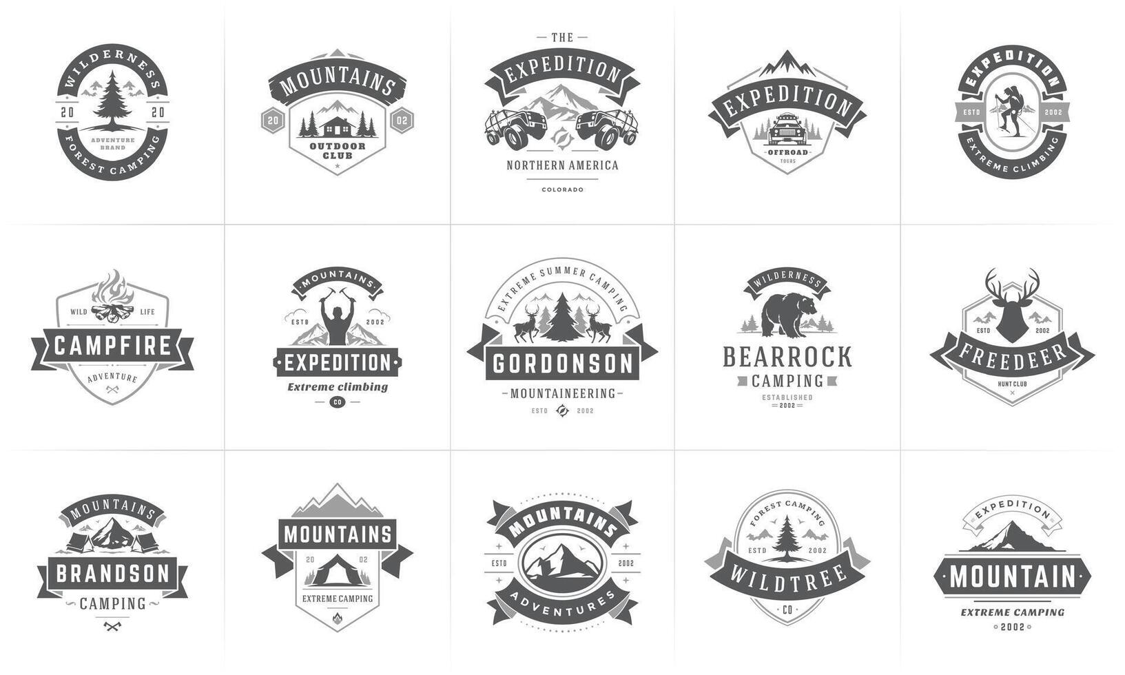 Camping logos and badges templates design elements and silhouettes set vector