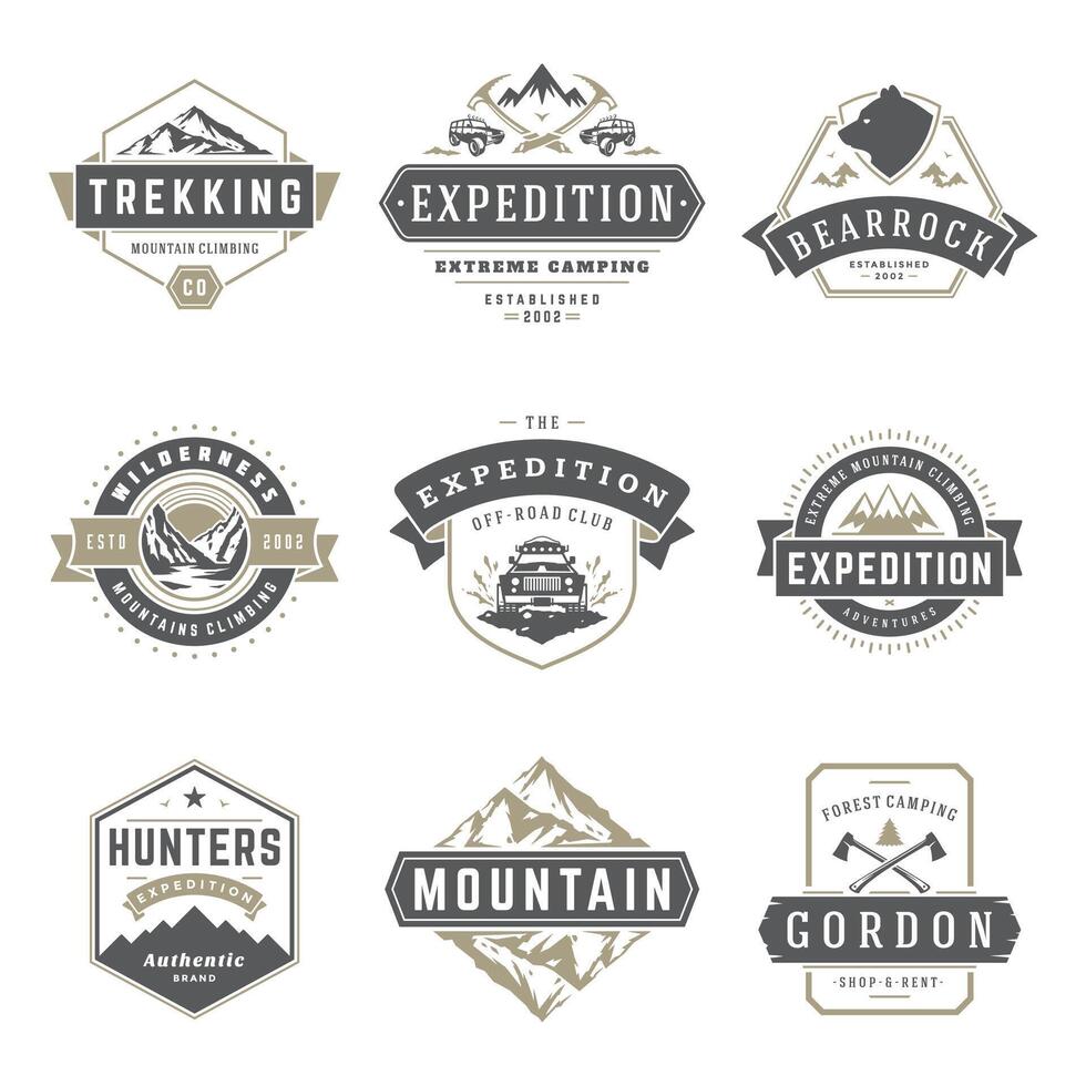 Camping logos templates design elements and silhouettes set vector