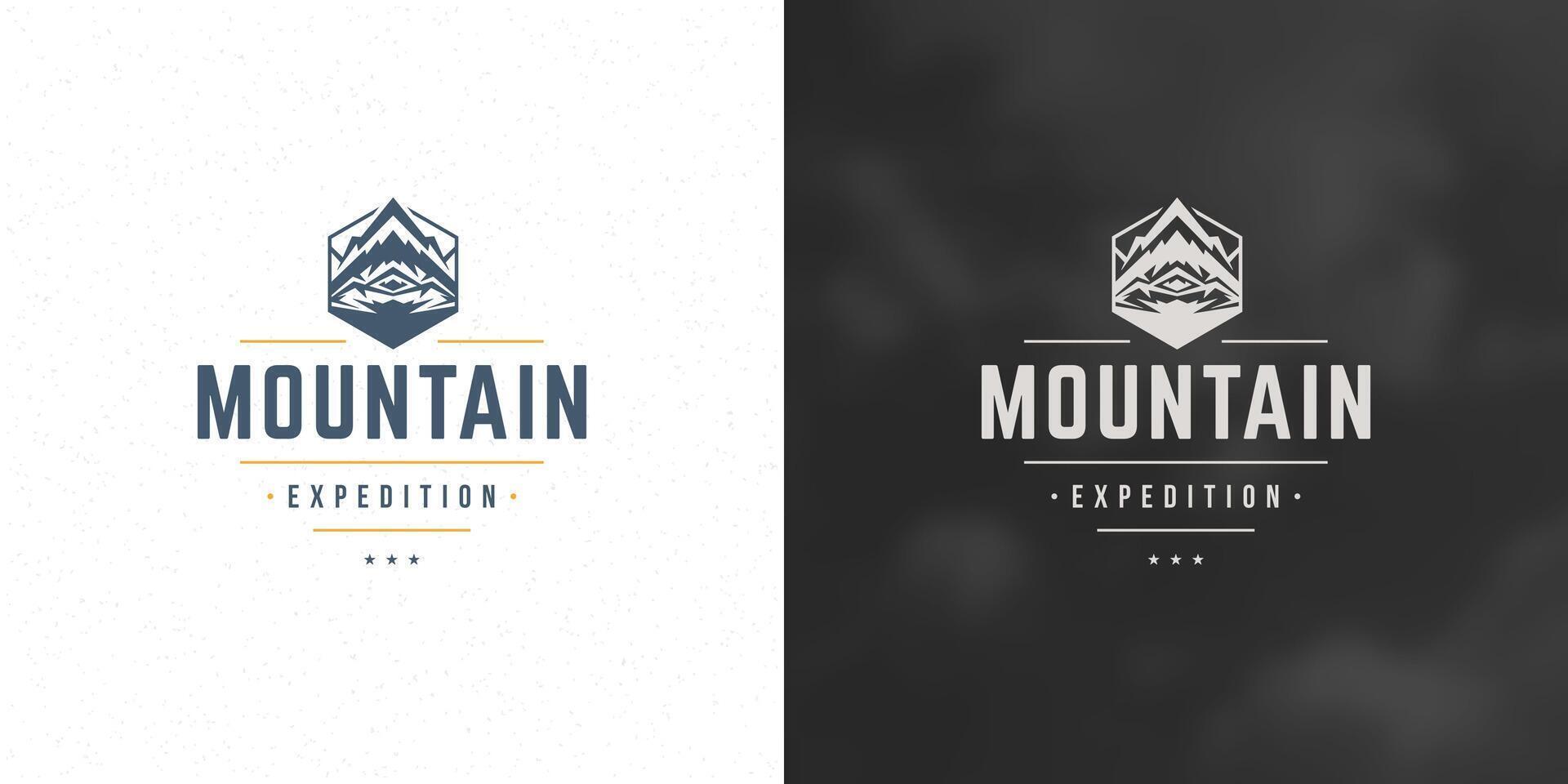 Mountain camping logo emblem outdoor landscape illustration rock hills silhouette for shirt or print stamp vector