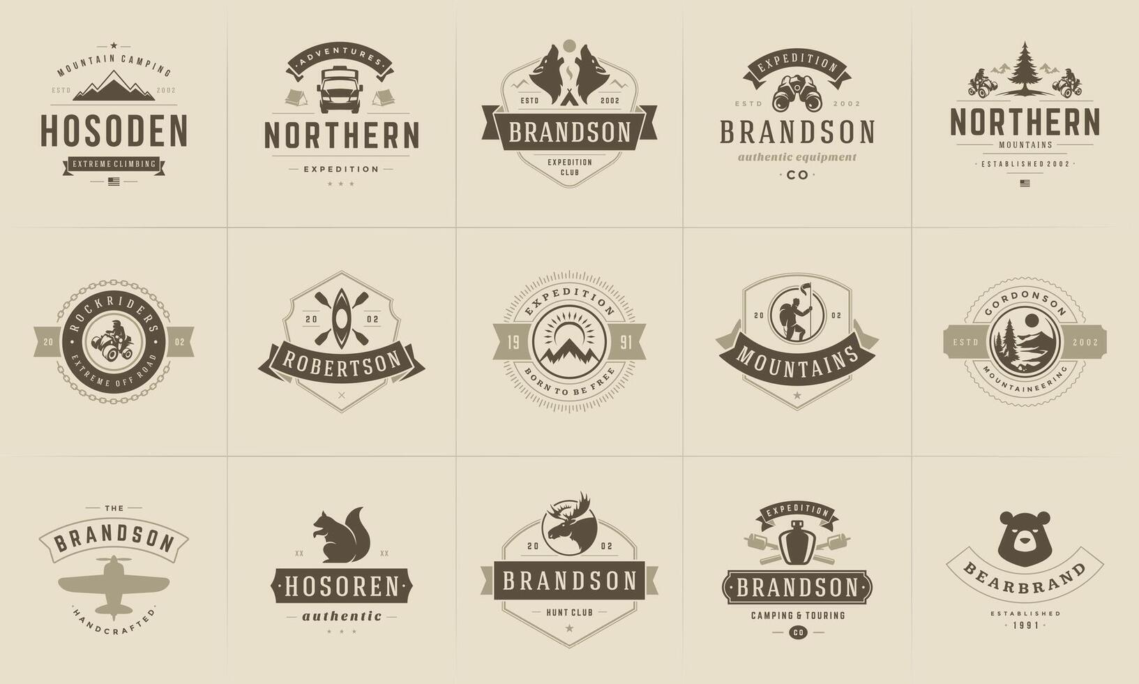 Camping logos and badges templates design elements and silhouettes set vector