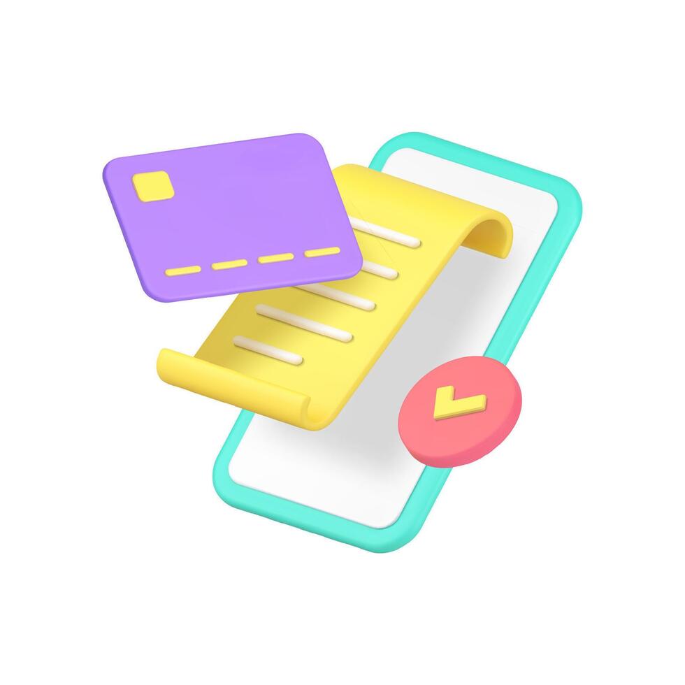 éxito en línea pago tarjeta recibo bancario teléfono inteligente solicitud 3d icono realista vector