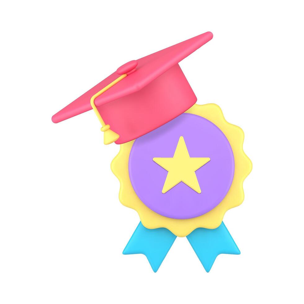 educativo logro graduación sombrero y medalla la licenciatura ceremonia 3d icono realista vector