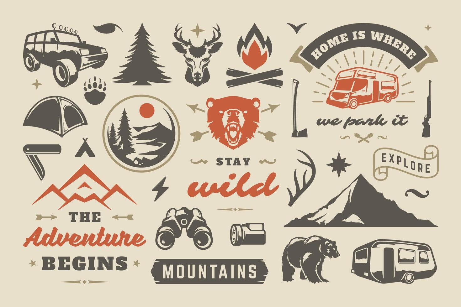 Summer camping and outdoor adventures design elements set, quotes and icons illustration. vector