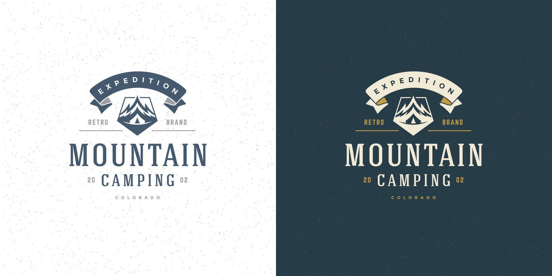 Mountains logo emblem outdoor adventure camping illustration mountain and tent silhouettes vector