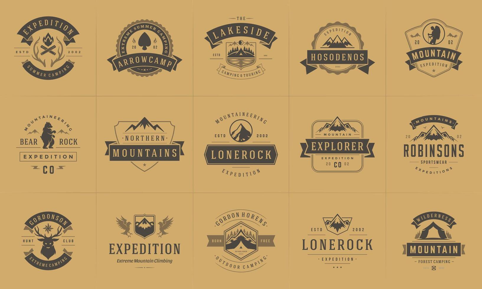 Camping logos and badges templates design elements and silhouettes set vector