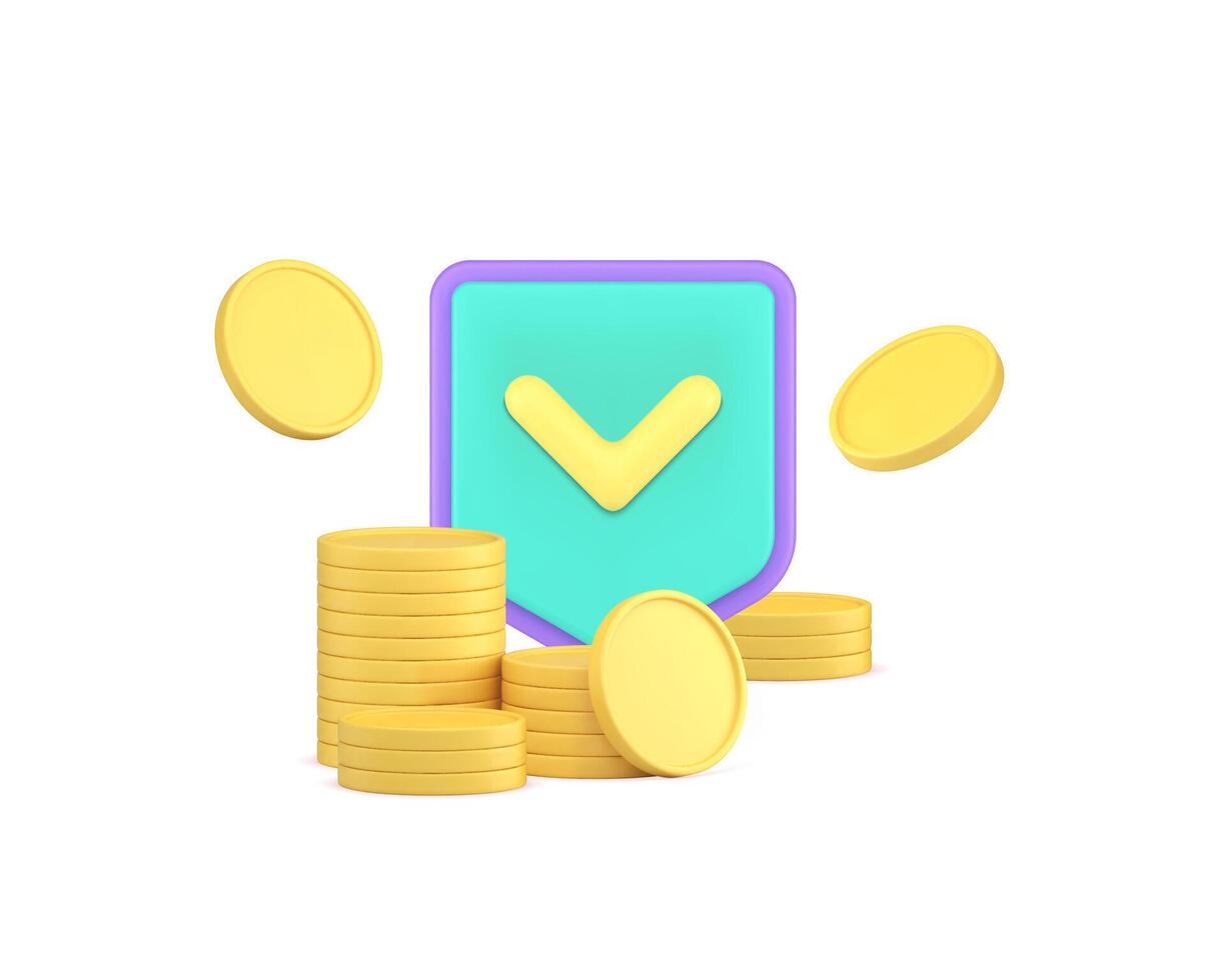 Money savings protection financial banking secure coin cash shield checkmark 3d icon vector