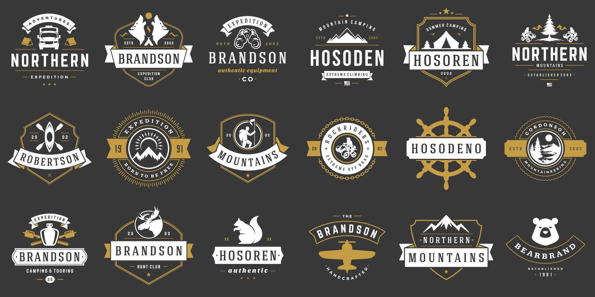 Camping logos templates design elements and silhouettes set vector