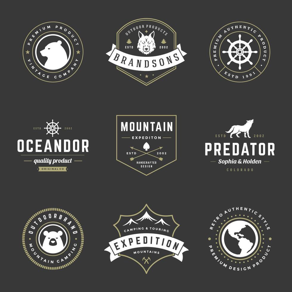 Camping logos templates design elements and silhouettes set vector