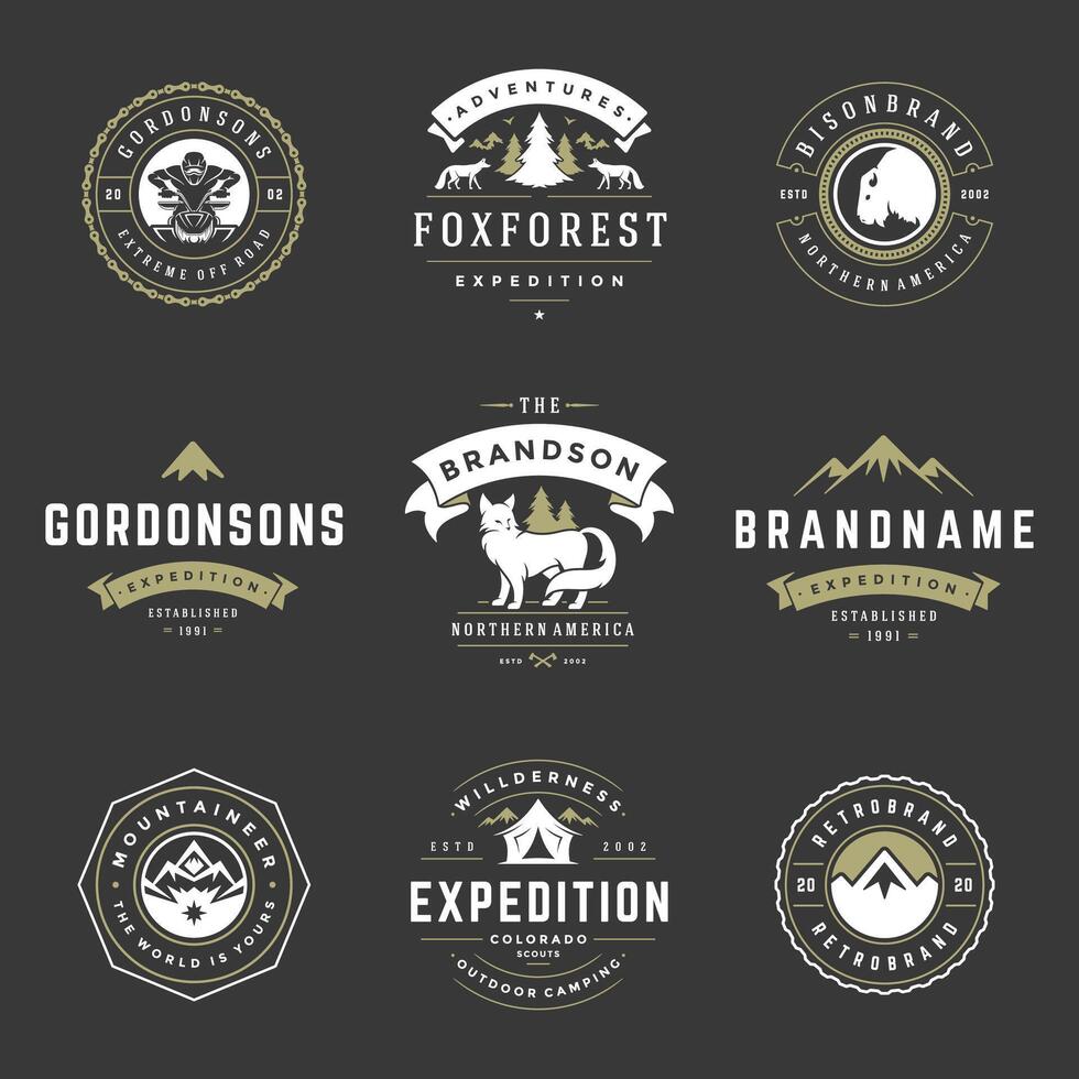 Camping logos templates design elements and silhouettes set vector