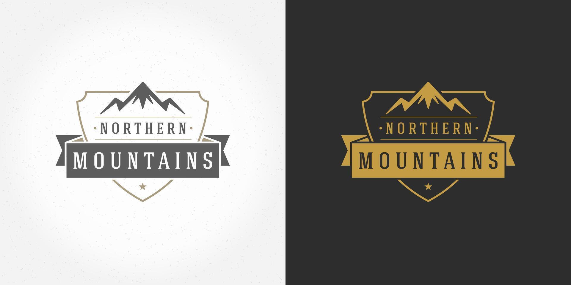 montaña cámping logo emblema al aire libre paisaje ilustración rock colinas silueta para camisa o impresión sello vector