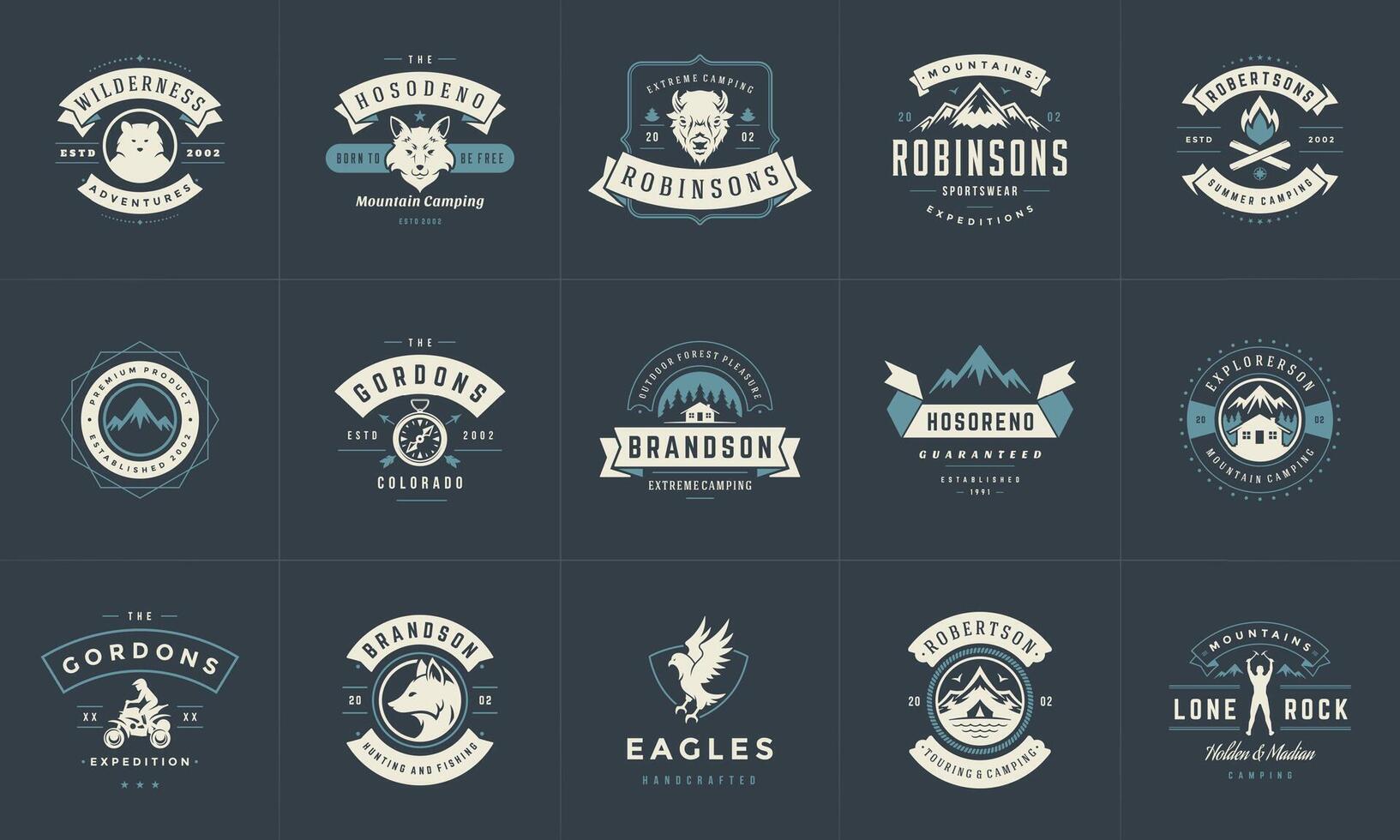 Camping logos and badges templates design elements and silhouettes set vector