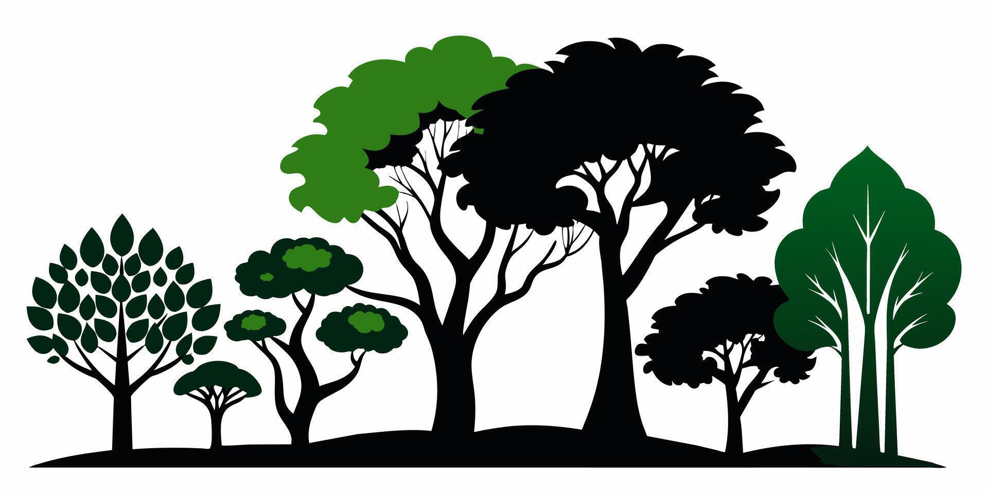 The natural landscape is decorated with the silhouettes of trees boasting green leaves on a white background, showcasing the beauty of plant life in the world. vector