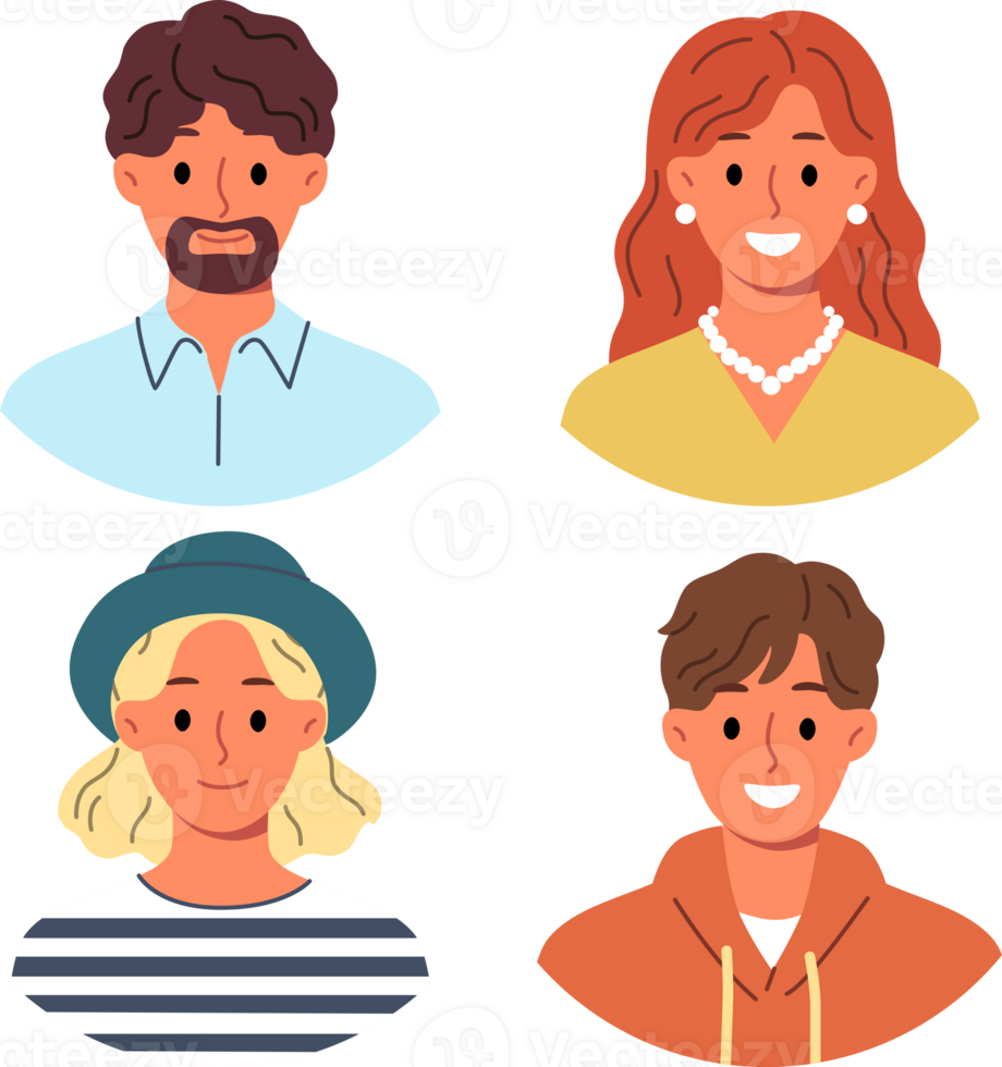 Family of mom and dad and teenage children smiling at screen, for avatars or profile photos in web design. People of different ages from one family are dressed in casual clothes or feel good mood png
