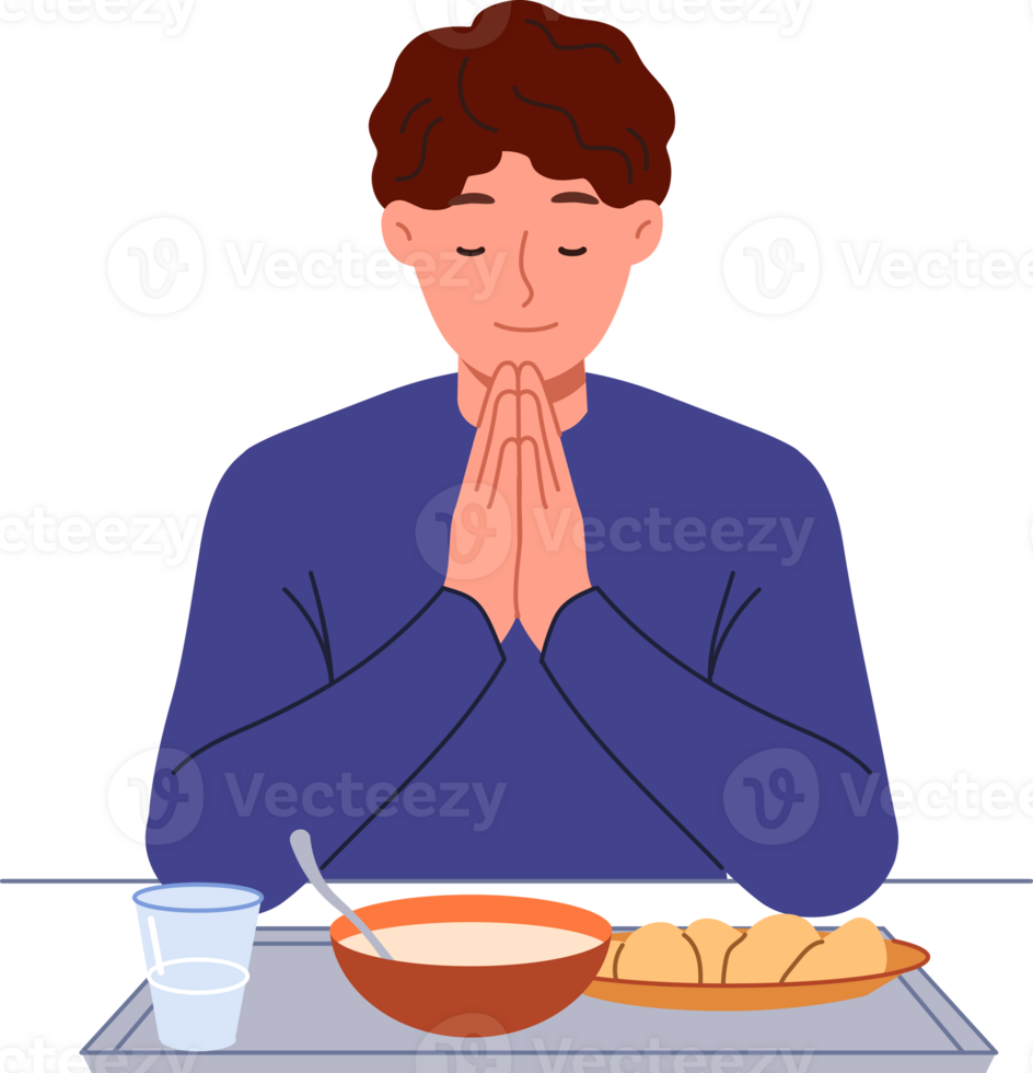 Man prays sitting at table with food, observing christian tradition and expressing gratitude to god. Guy prays with eyes closed and palms folded in front of chest, rejoicing at having money for food png