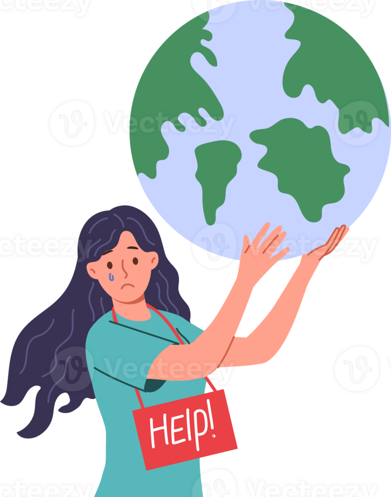 Woman eco activist asks to save planet earth and stop environmental pollution that causes carbon footprint. Girl eco volunteer holds large globe and looks at screen with tears in eyes. png
