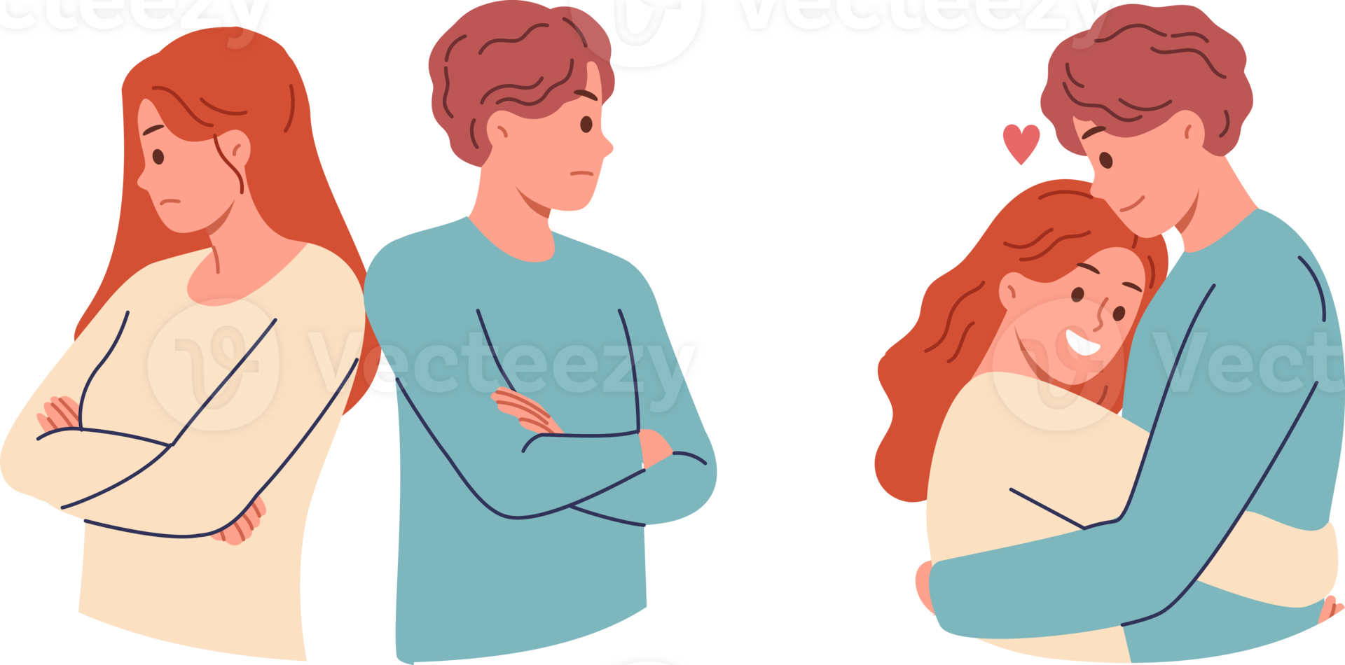Offended couple experiences disagreements after family quarrel and hugs to try on or restore relations. Conflict between man and woman is resolved thanks visit to family psychotherapist png