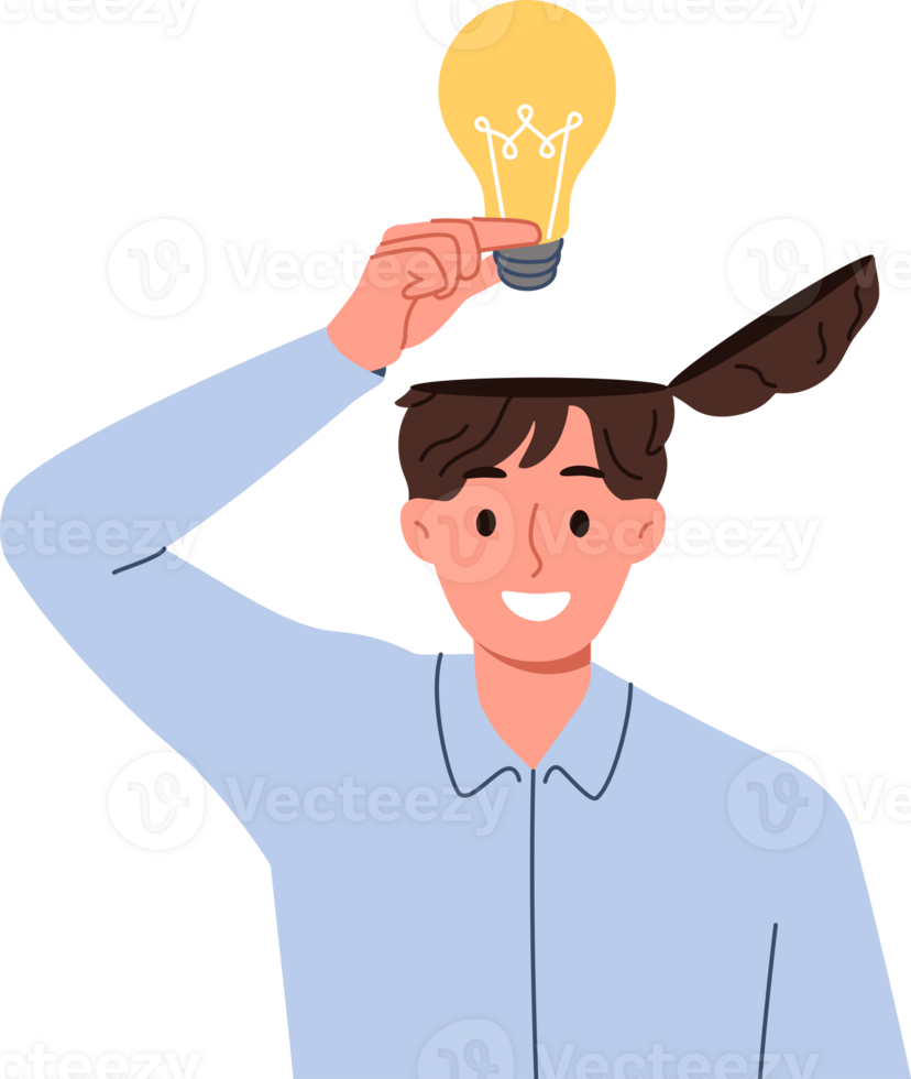 Man learns about innovative idea puts light bulb inside head to improve own creative thinking. Brilliant idea from business guy came up with new invention during brainstorming session png