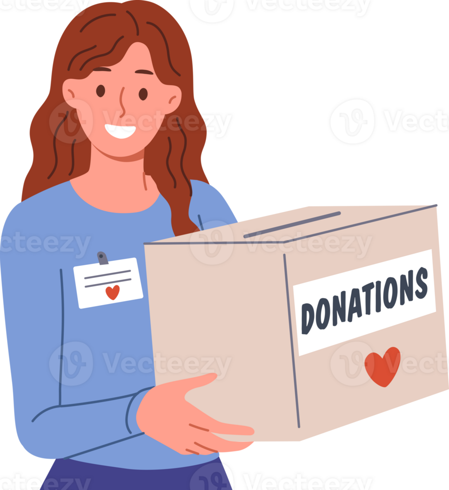 Woman volunteer holds donations box to collect money for people who have lost jobs or become homeless. Volunteer girl looks at screen with smile, offering to donate savings to new charity foundation. png