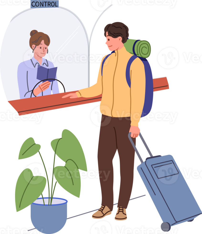 Man goes through passport control at airport crossing state border, showing documents to controller. Tourist with luggage or emigrant at passport control and checking visa permitting stay in country png