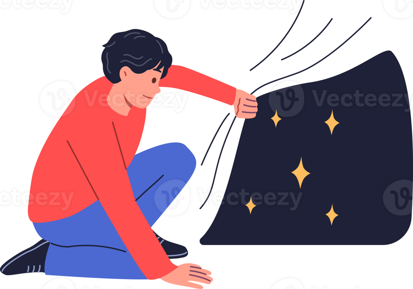 Man looks at starry sky hidden under fabric, experiencing curiosity at sight of unknown starry space. Concept of searching for latent or non-obvious opportunities and ways to achieve your goals png