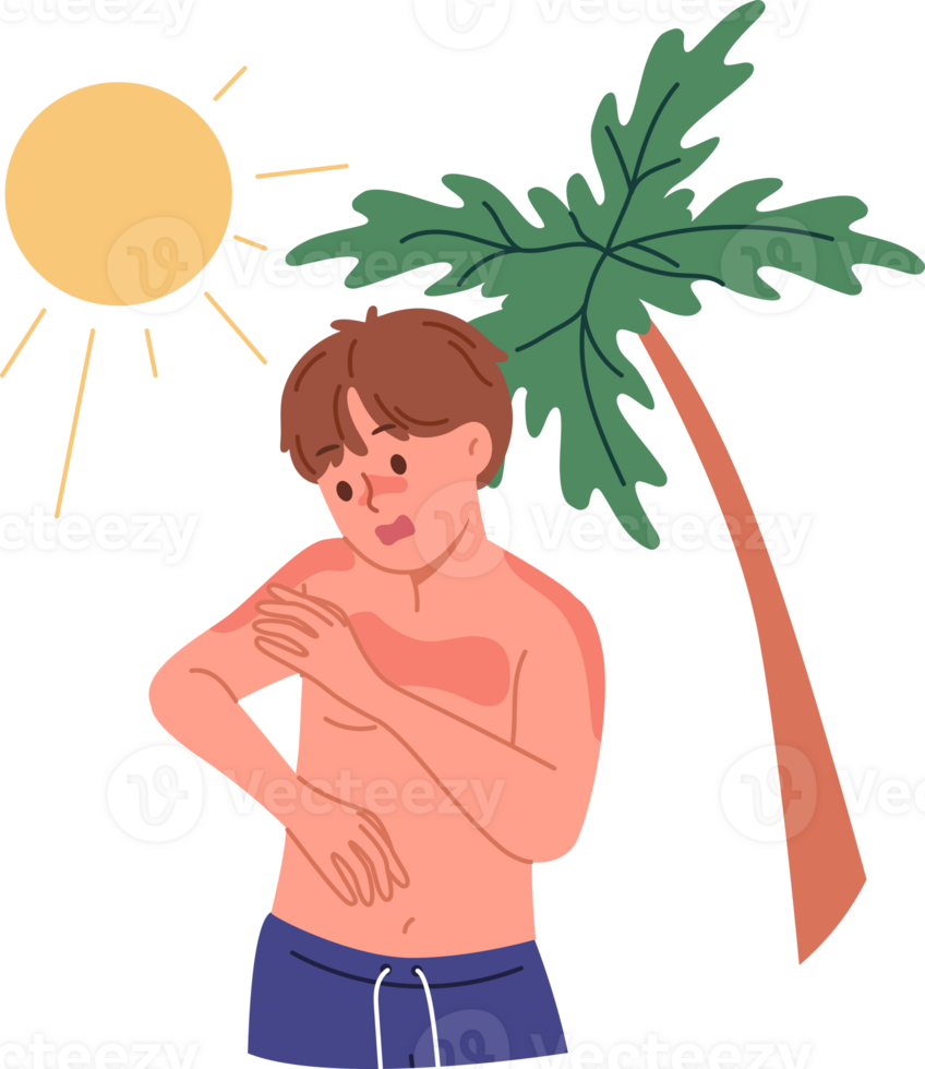Boy received sunburn due to ultraviolet allergy or heliophobia, standing on beach with palm tree. Lack of sunscreen caused sunburn in child requiring medical attention or medicinal ointment png