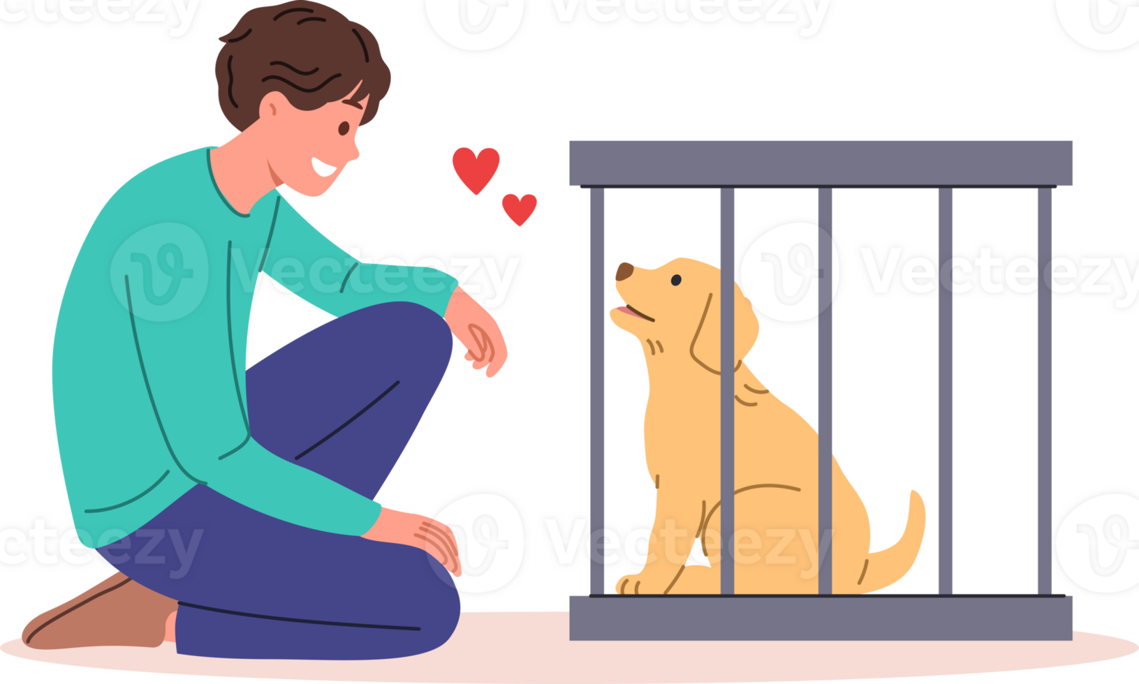 Man wants to adopt dog from shelter and become guardian for pet, standing near smiling puppy in cage. Guy looks at cute dog, feeling love for animal in need of protection and new owner. png