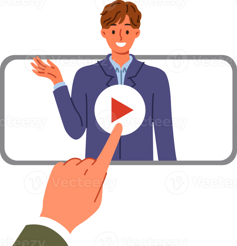 Business coach on phone screen with application for viewing training webinar for freelancer. Recruiter presses play, launching of freelancer resume, talking about professional experience. png