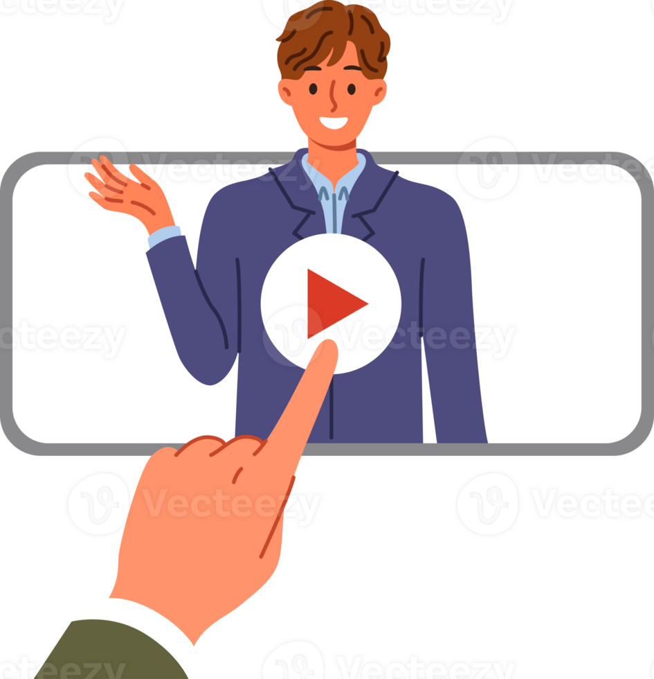 affaires entraîneur sur téléphone écran avec application pour visualisation formation séminaire en ligne pour pigiste. recruteur presses jouer, lancement de pigiste CV, parlant à propos professionnel expérience. png