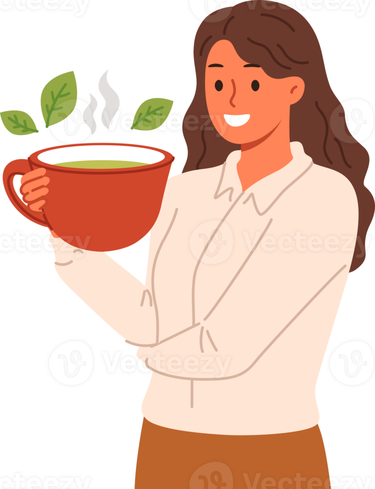 Woman drinks green loose leaf tea from large mug, enjoying bite of hot, soothing drink. Ceylon aromatic tea with mint and herbs in hand of business lady taking break while working or studying png