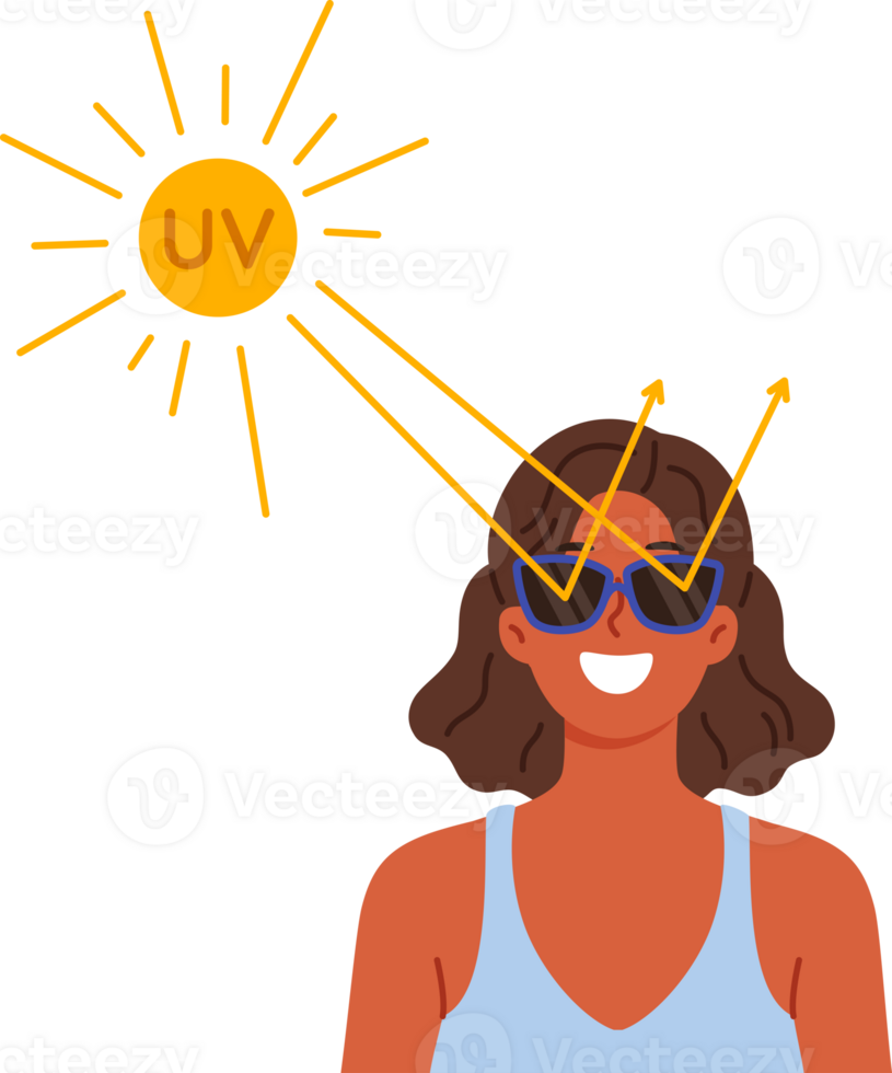 Woman uses sunglasses to protect eyes from ultraviolet radiation and avoid damage to retina from bright rays. Girl wears sunglasses, using preventive measures against occurrence of vision cancer png