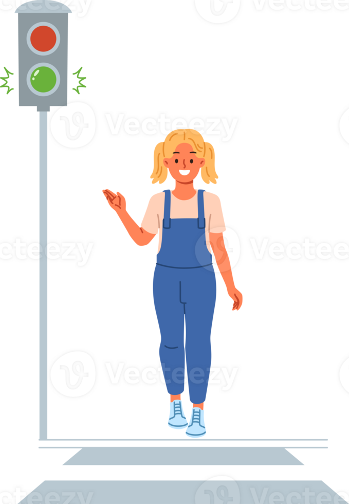 Traffic light shows green signal for little girl walking along pedestrian crossing. Child observes rules of road while strolling around city, and points to traffic light allowing start of movement png