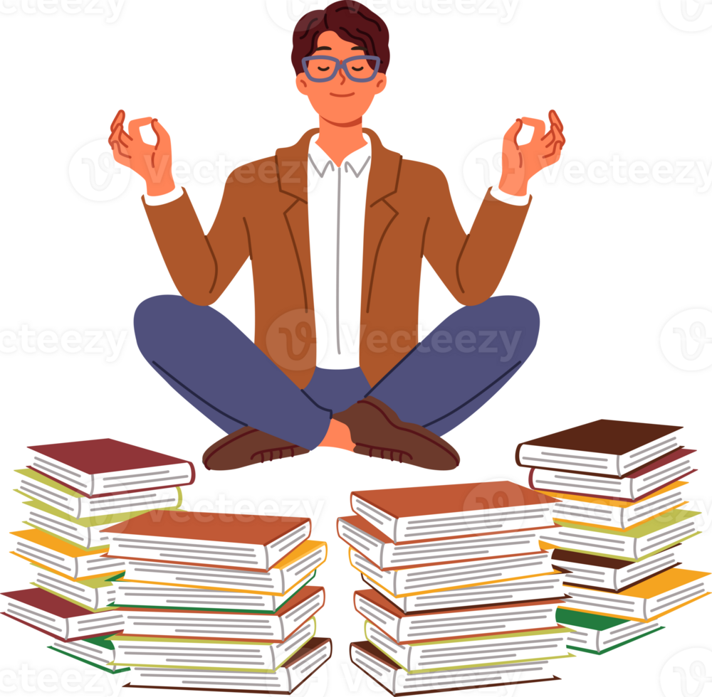 Man does yoga and meditation, taking break from reading books, levitating in lotus position to restore energy. Guy will become interested in yoga practices that help maintain good mental health png