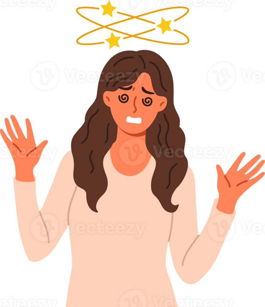 Woman feels dizzy caused by hangover or intracranial pressure, stands with stars above head. Problem of dizzy or dizziness in girl experiencing problems with well-being and health. png