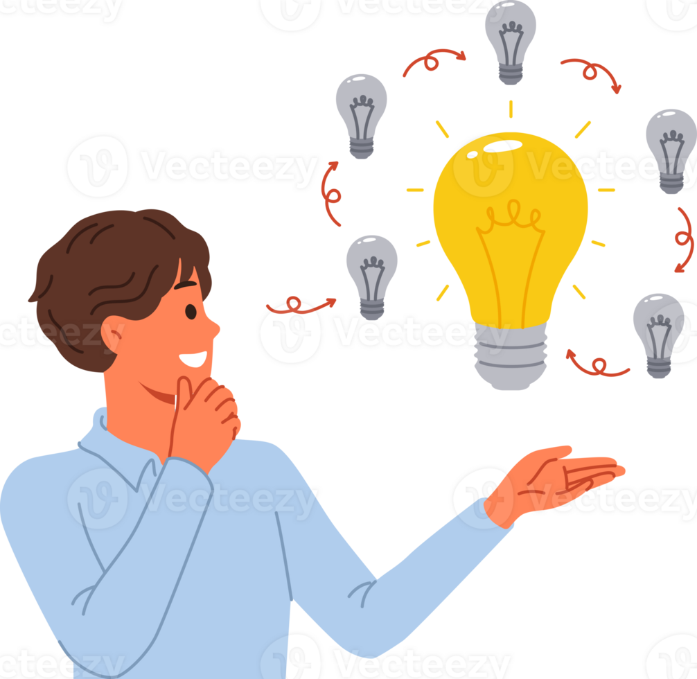 Man comes up with innovative idea, allows to get investments on crowdfunding platform, standing near light bulbs. Concept development and evolution of ideas to obtain ideal option. png