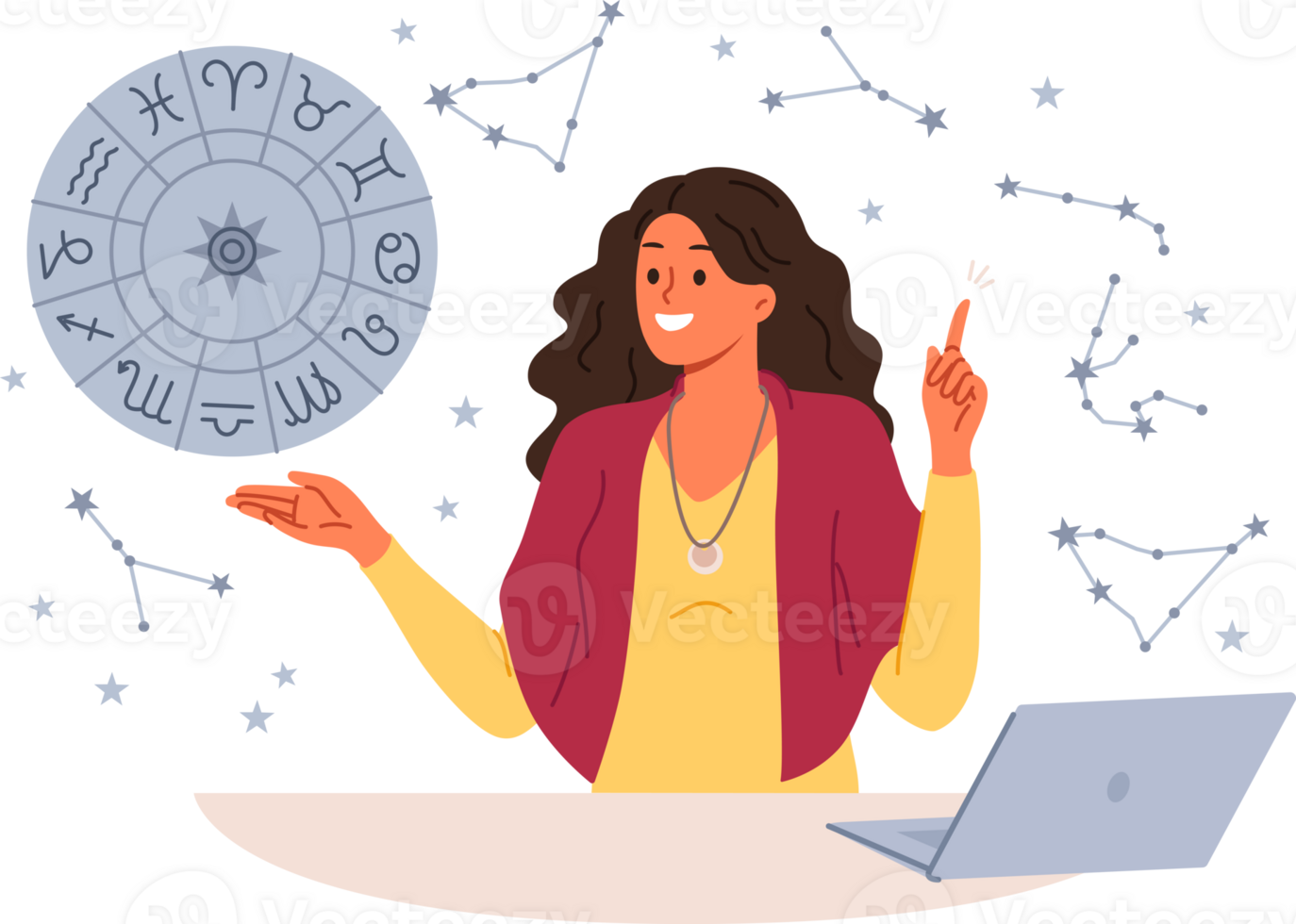 Woman astrologer tells fortunes by horoscope and predicts future by stars, standing near table with laptop. Girl astrologer points up, offering to read gorsk, standing near wheel with zodiac signs png