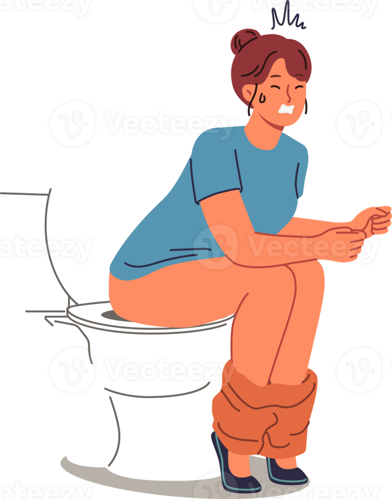 Woman poops sitting on toilet and suffers from constipation caused by indigestion or stomach problems. Girl pushing on toilet in WC, needing medicinal laxatives to normalize health png