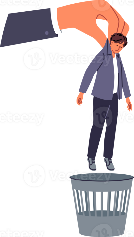 problème de licenciements et crise dans la main d'oeuvre marché, dû à gestionnaires lancement subordonnés dans poubelle à optimiser bénéfices. gars devenu victime de vague de licenciements et des risques devenir faillite ou la gauche sans abri png
