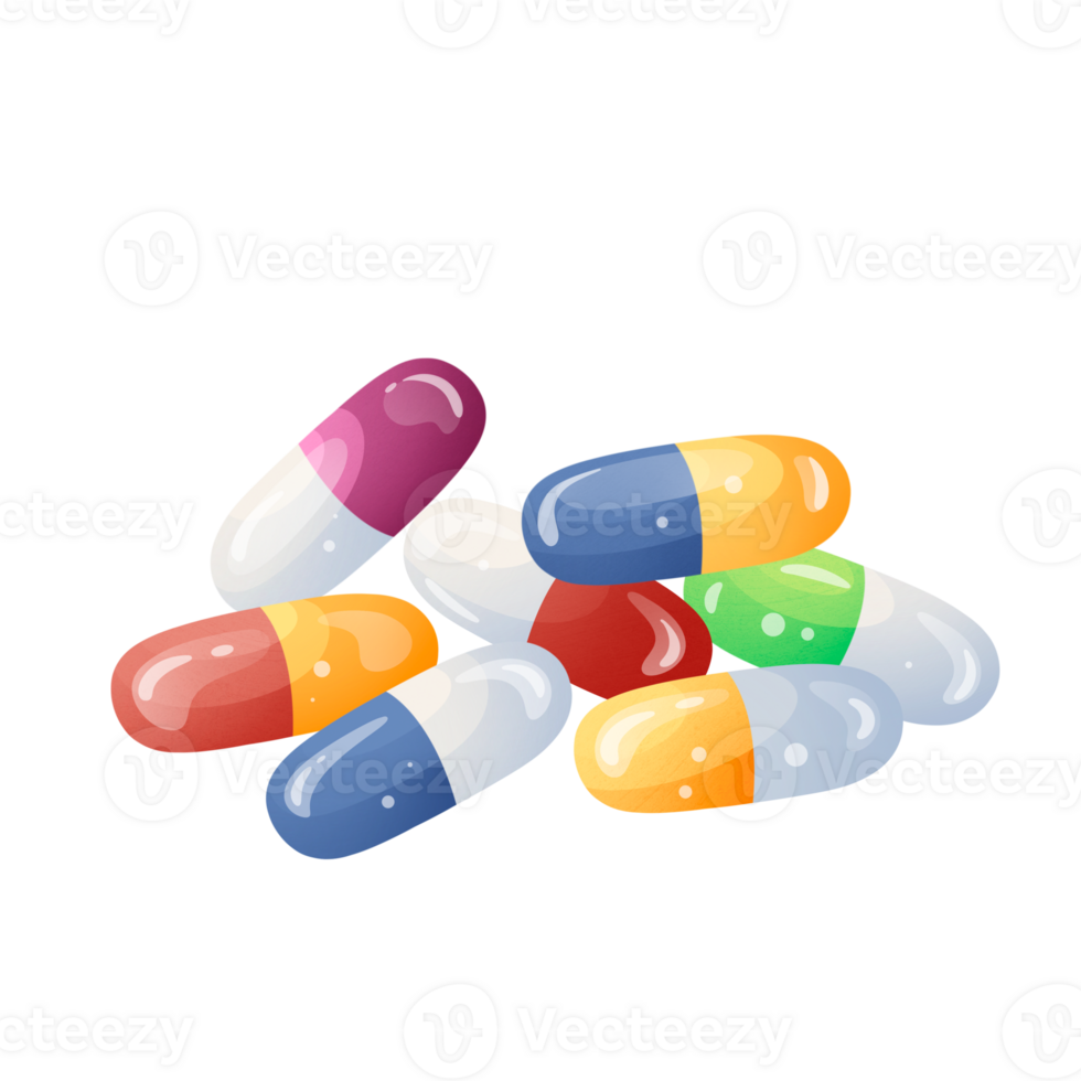 Pile of colorful pills for symptoms relief png