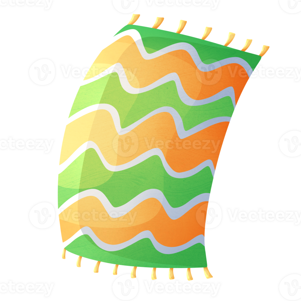 Beach towel with green and orange stripes, belonging to person relaxing on sea and visiting resort png